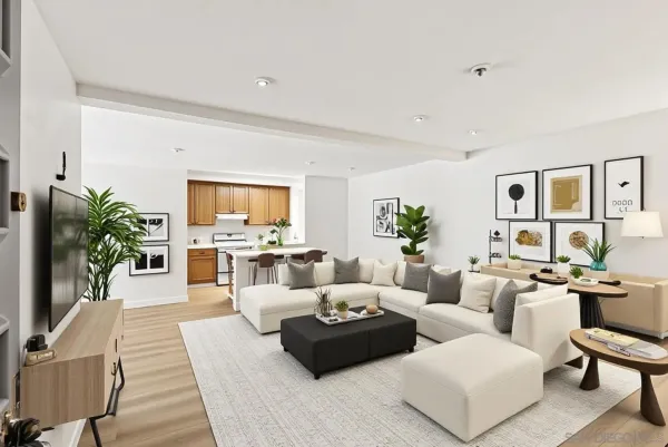 a living room with furniture potted plant and a window