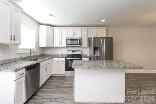 a kitchen with stainless steel appliances granite countertop a stove a sink and a refrigerator