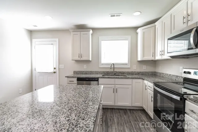a kitchen with stainless steel appliances granite countertop a stove a sink and a microwave