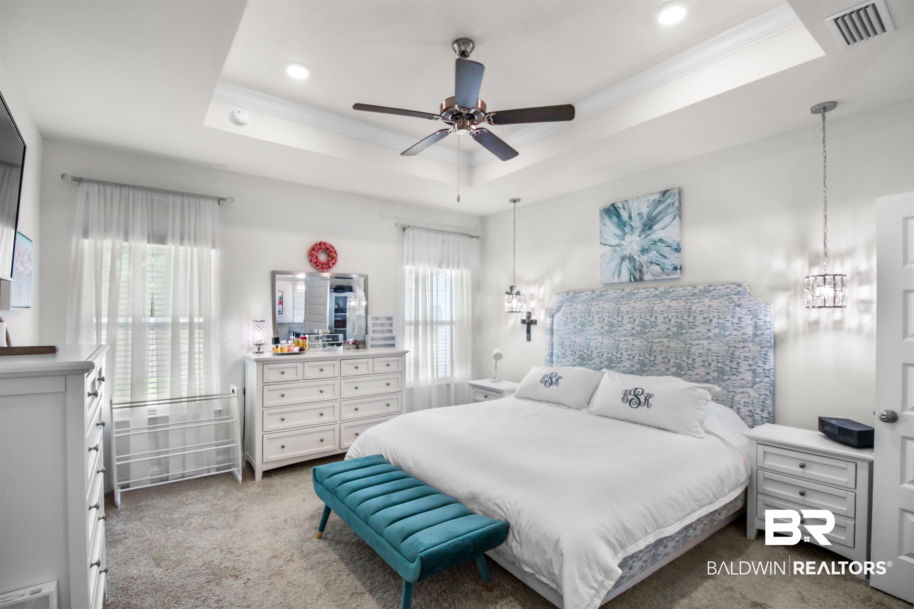 1885 Carly Street Foley, AL 36535 - Photo 16 of 40 Recessed ceiling with crown molding, ceiling fan, and pendant lighting