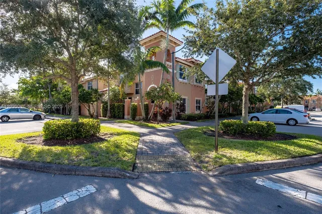 a view of a garden with palm trees