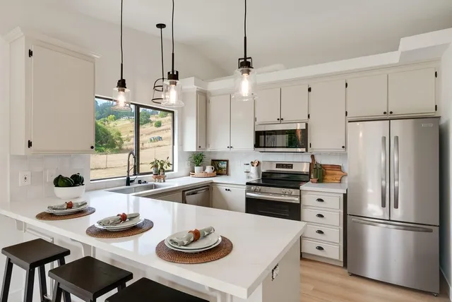 a view of a sink a window and a potted plant