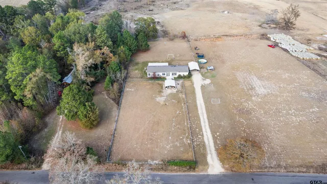 a view of a dry yard with trees