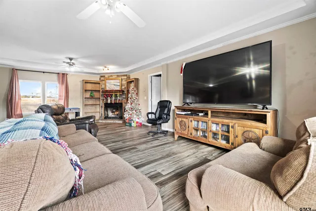 a living room with furniture a rug and a fireplace