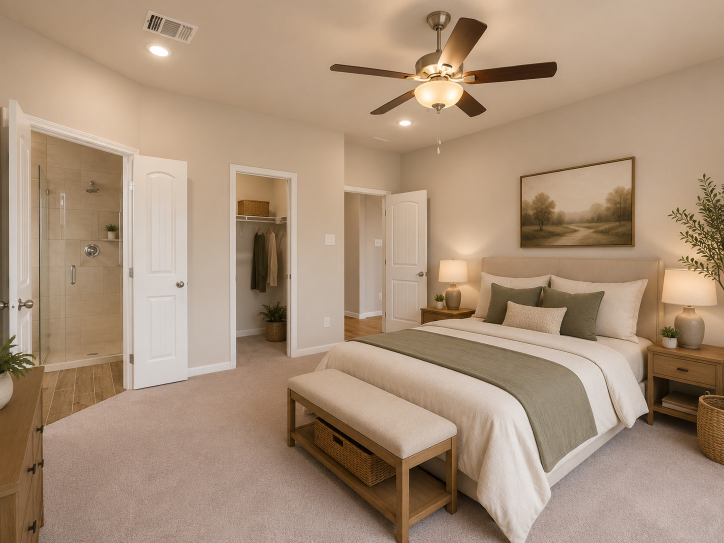 332 Stellar Wind Drive Georgetown, TX 78628 - Photo 21 of 40 Relax in this tranquil bedroom, featuring a generous walk-in closet and an en-suite bathroom with a spacious shower.