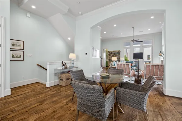 a view of a dining room with furniture