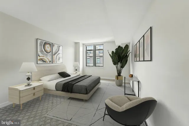 a bedroom with furniture and a potted plant