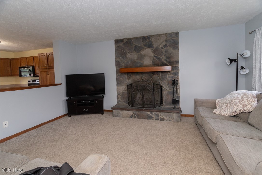 4171 Laubert Road Atwater, OH 44201 - Photo 27 of 42 Living room featuring light colored carpet, a textured ceiling, and a stone fireplace