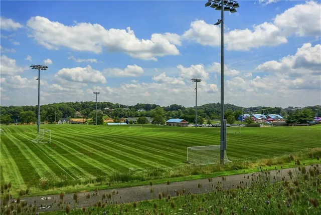 a view of a golf course with a lake