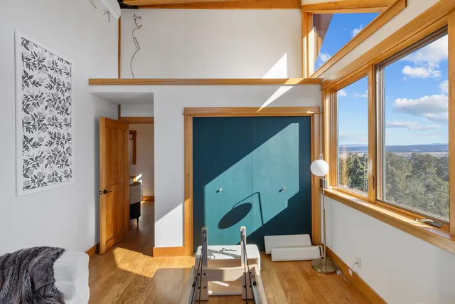 a view of a balcony with chair and a potted plant