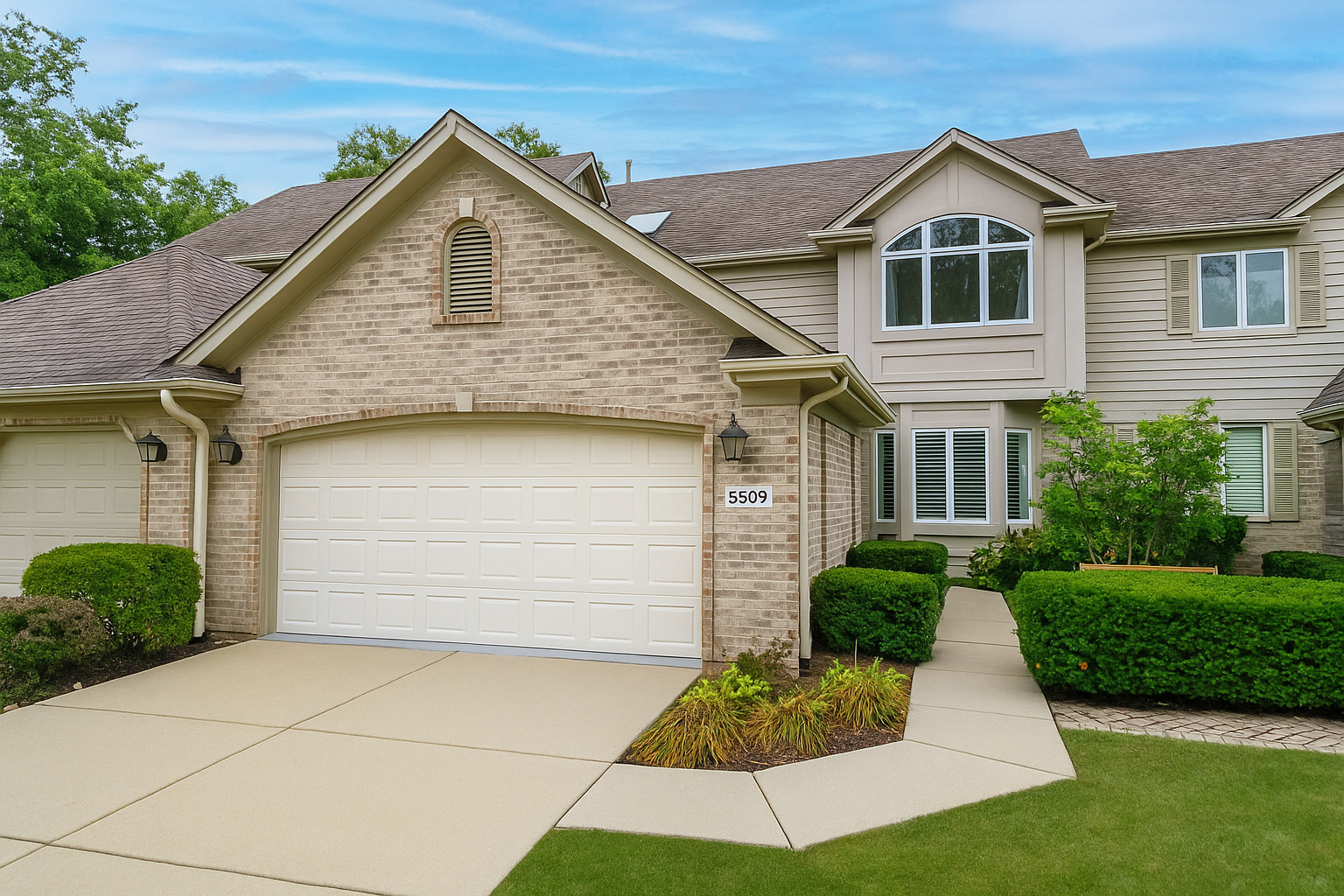 a front view of a house with a yard and garage