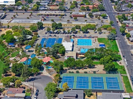 an aerial view of residential houses with outdoor space and trees