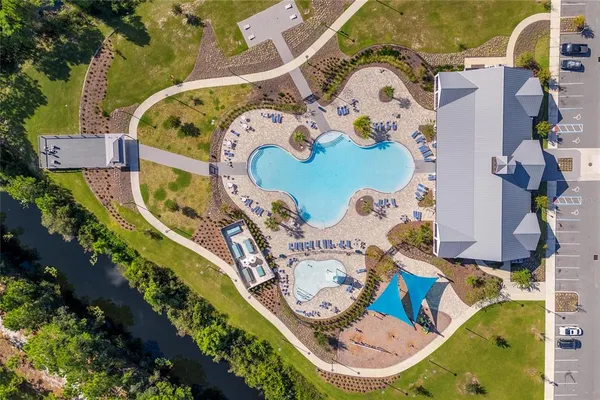 an aerial view of a swimming pool