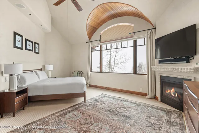 a living room with a fireplace furniture and a flat screen tv