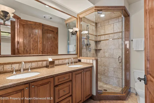 a bathroom with a granite countertop sink mirror and double