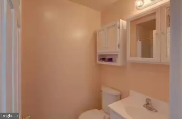 a bathroom with a sink a toilet and mirror