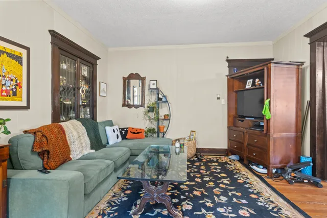 a living room with furniture and a rug