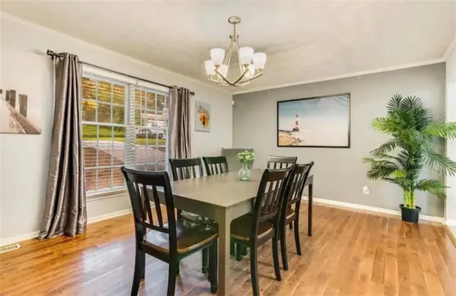 a view of a dining room with furniture and wooden floor