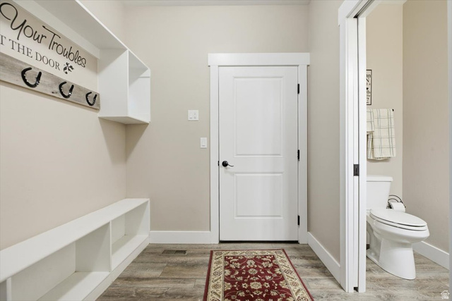 3123 East Riverdale Road Preston, ID 83263 - Photo 26 of 52 Entryway featuring wood-finish flooring, built-in cubby storage, integrated coat hooks, and a three-panel interior door