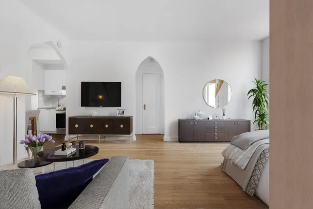 a living room with furniture and a potted plant