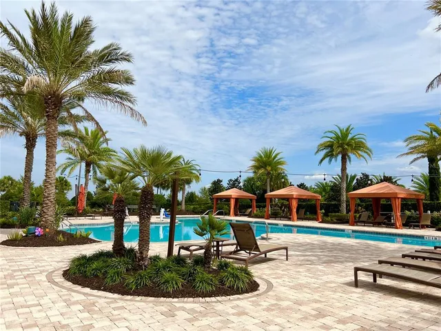 a view of outdoor space with swimming pool and furniture
