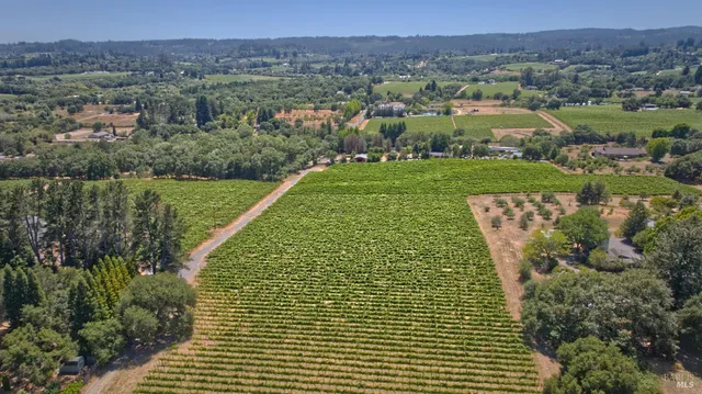 an aerial view of a residential houses with outdoor space and river