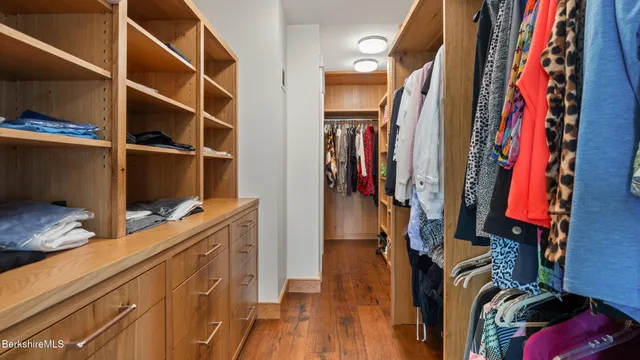 a view of walk in closet with clothes and shoes