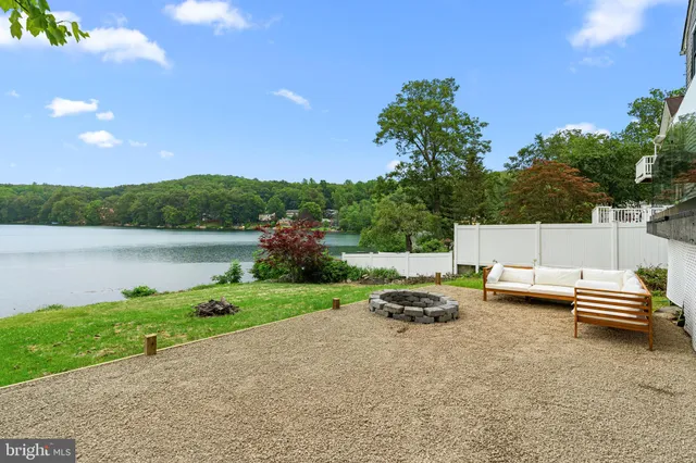 a swimming pool with lake view