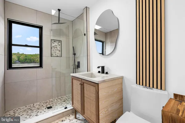 a bathroom with a sink a mirror and a toilet
