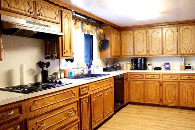 a kitchen with stainless steel appliances a sink cabinets and a window