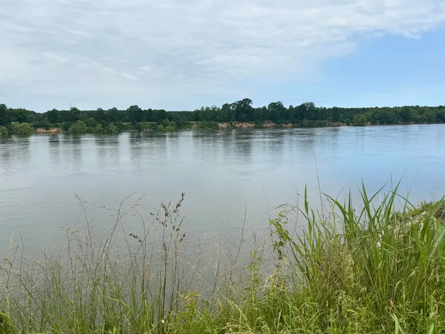 a view of a lake with houses in the back