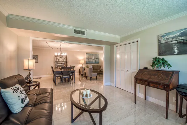 a living room with furniture a dining table and a potted plant