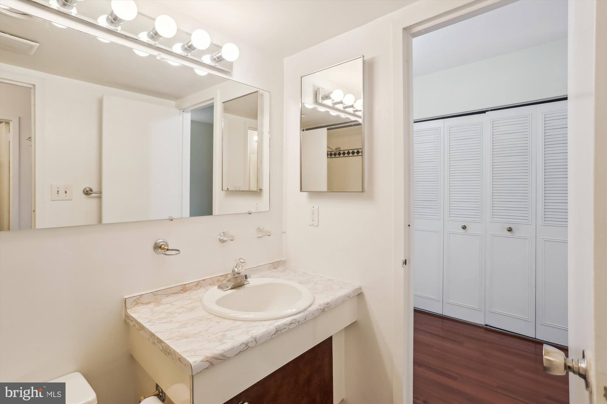 4242 East-West Highway, Unit 414 Chevy Chase, MD 20815 - Photo 29 of 66 a bathroom with a sink and a mirror