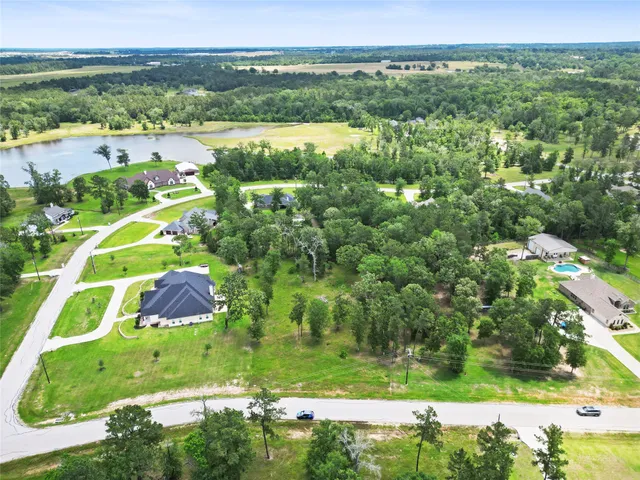 an aerial view of residential houses with outdoor space and trees