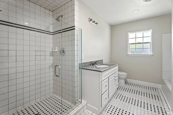 a bathroom with a sink a toilet a shower and a mirror