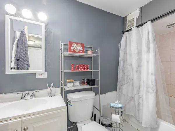 a bathroom with a sink a toilet and a shower curtain