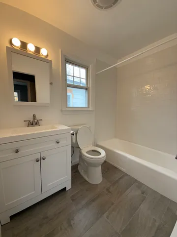 a bathroom with a double vanity sink a toilet and a bathtub