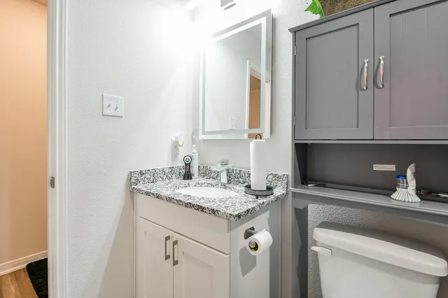 a bathroom with a sink and a mirror