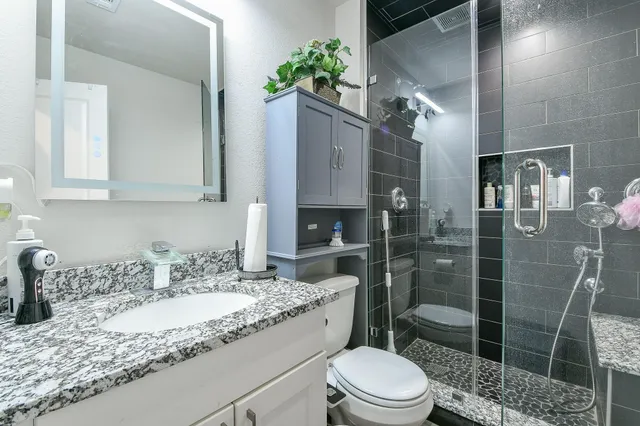 a bathroom with a granite countertop sink a toilet and shower