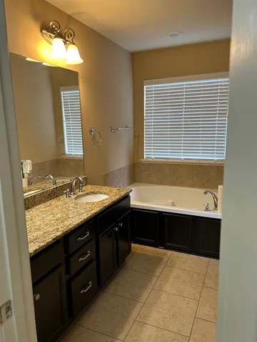a bathroom with a bathtub sink and mirror