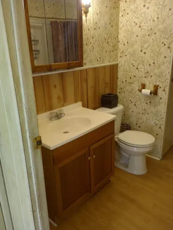 a bathroom with a sink a toilet and shower