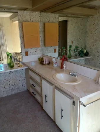 a bathroom with a double vanity sink and a mirror