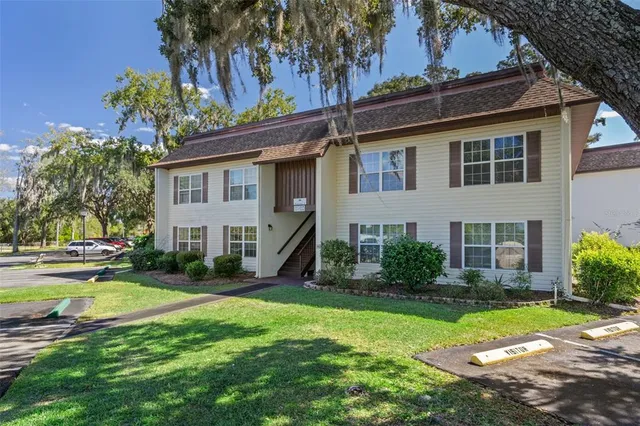 a view of a house with a yard and palm tree