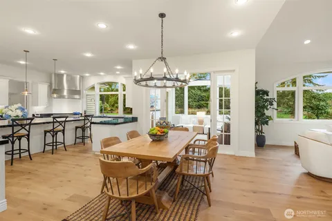 a view of a dining room with furniture window and outside view