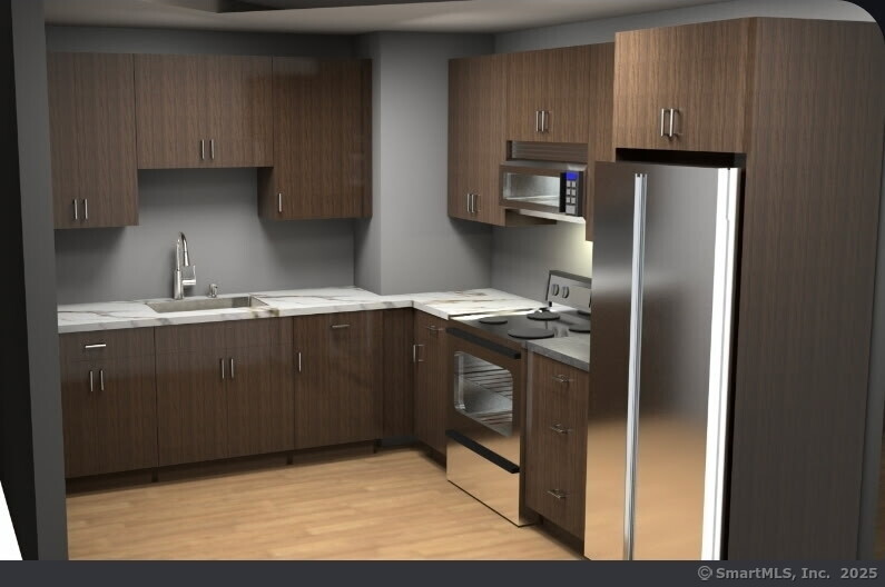 202 Bellevue Street, Unit B Hartford, CT 06120 - Photo 1 of 1 a kitchen with stainless steel appliances granite countertop a refrigerator a stove and a sink