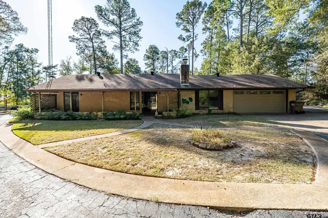 a view of a white house with a yard plants and large tree
