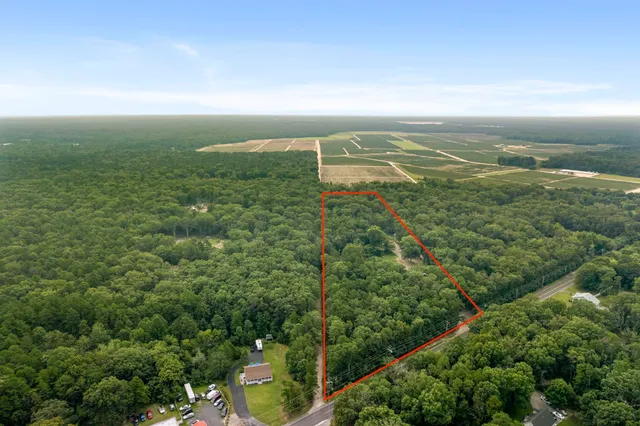 an aerial view of residential houses with outdoor space and trees