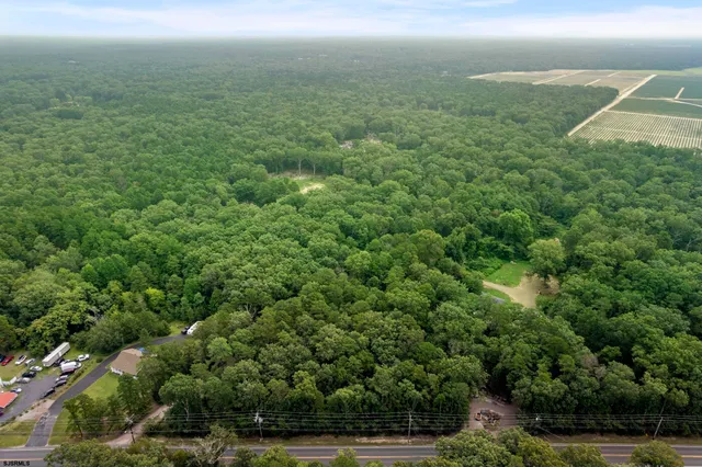 an aerial view of residential houses with outdoor space and trees