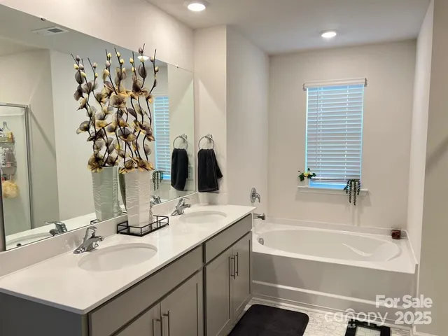 a bathroom with a bathtub sink and mirror