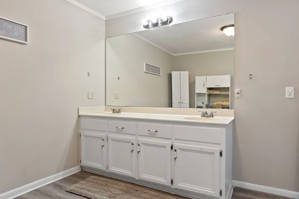 a bathroom with a sink and a mirror